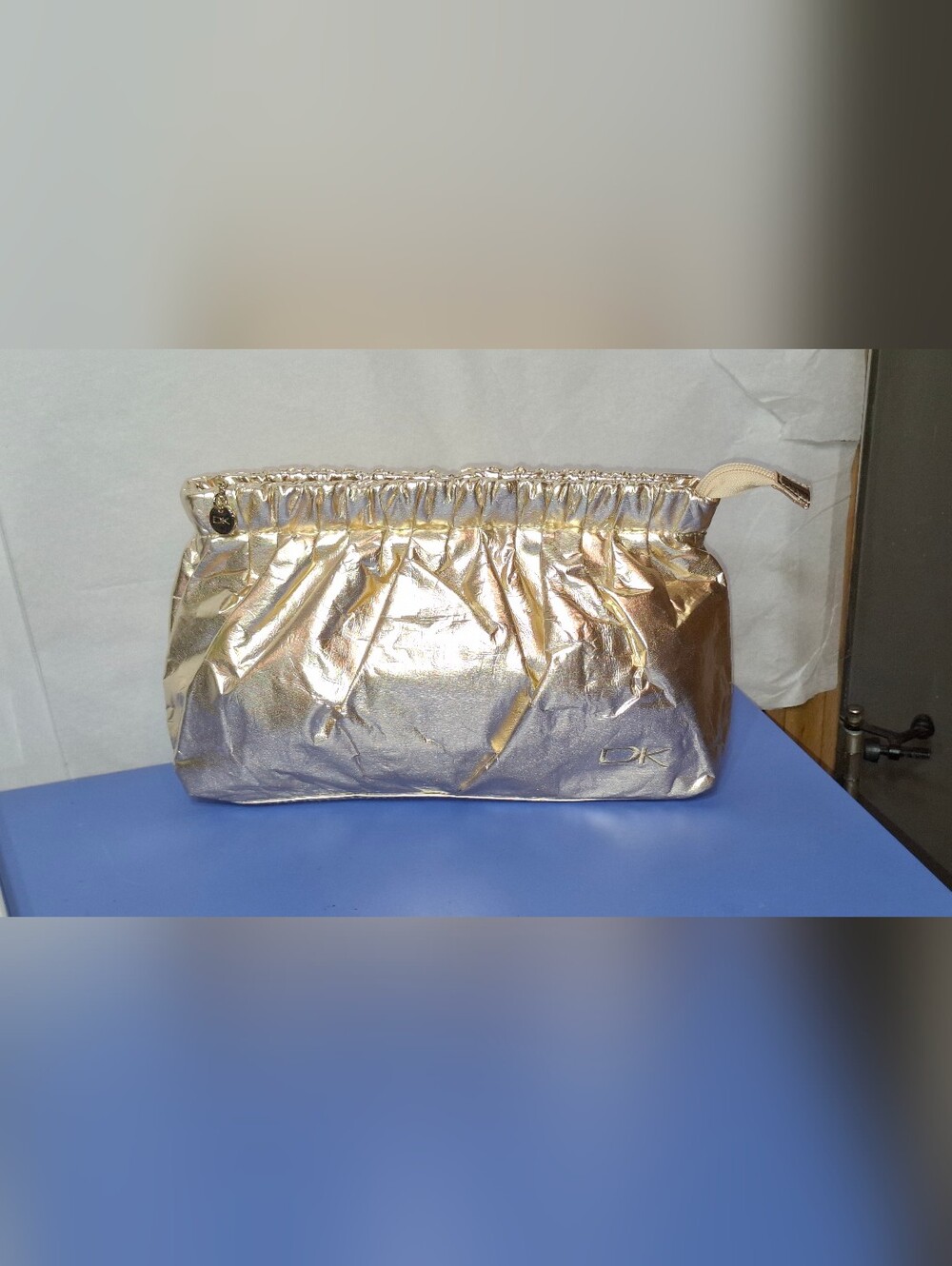 Donna Karan Metallic Gold Ruffled Cosmetic Bag Clutch- NWOT